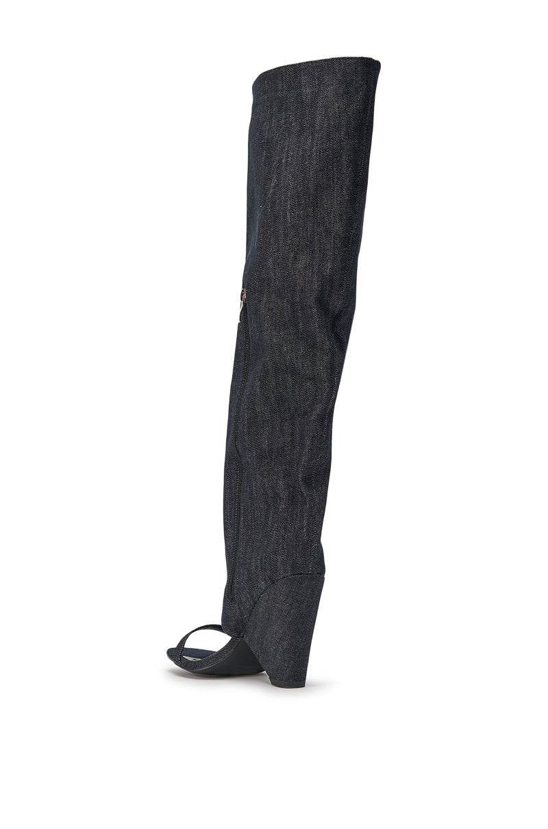 AZALEA WANG VEONA DARK DENIM OVER THE KNEE CHUNKY HEEL SANDAL