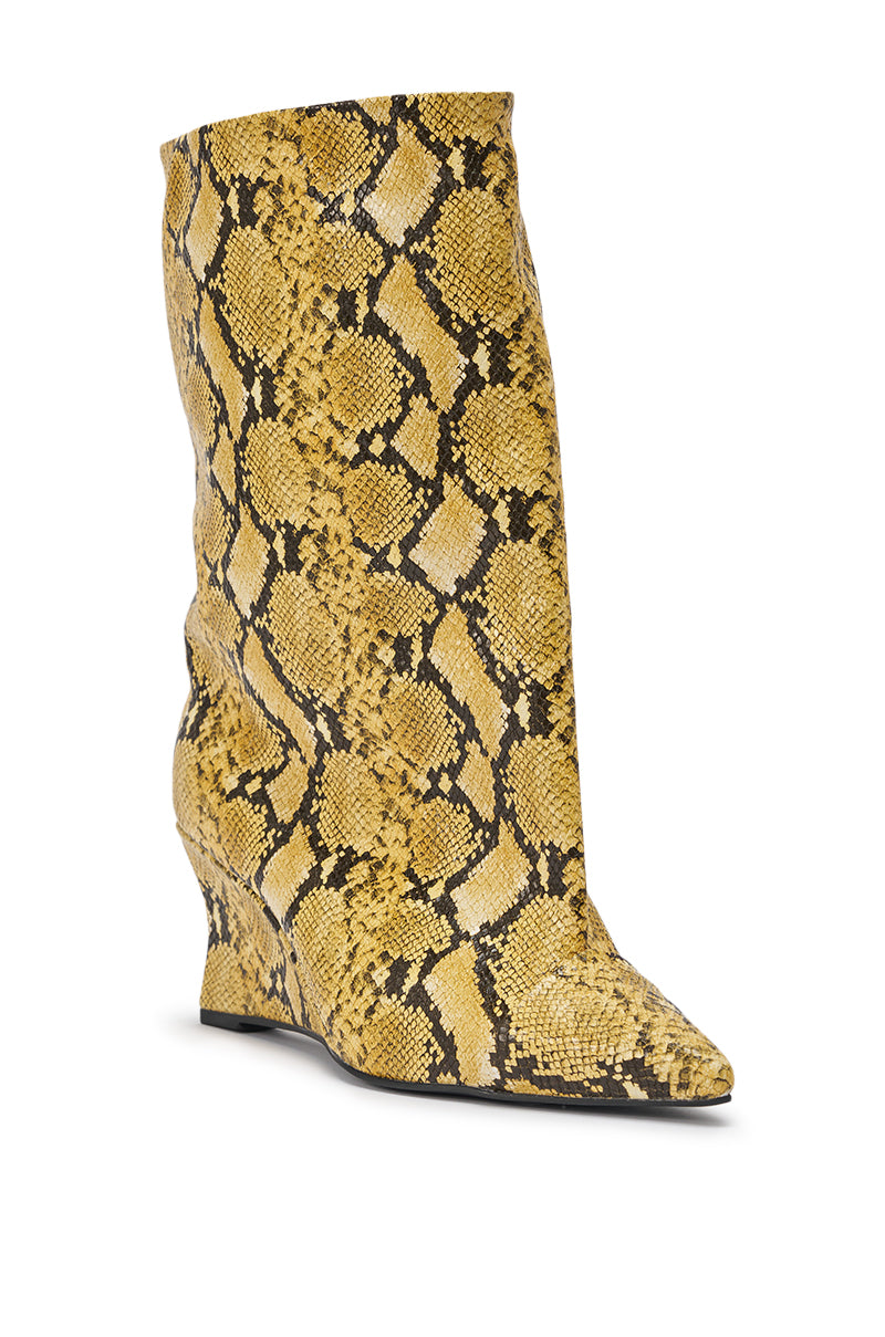 AZALEA WANG VINCI YELLOW SNAKE PU PRINT WEDGE BOOTIE
