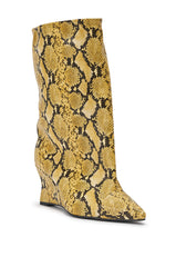 AZALEA WANG VINCI YELLOW SNAKE PU PRINT WEDGE BOOTIE