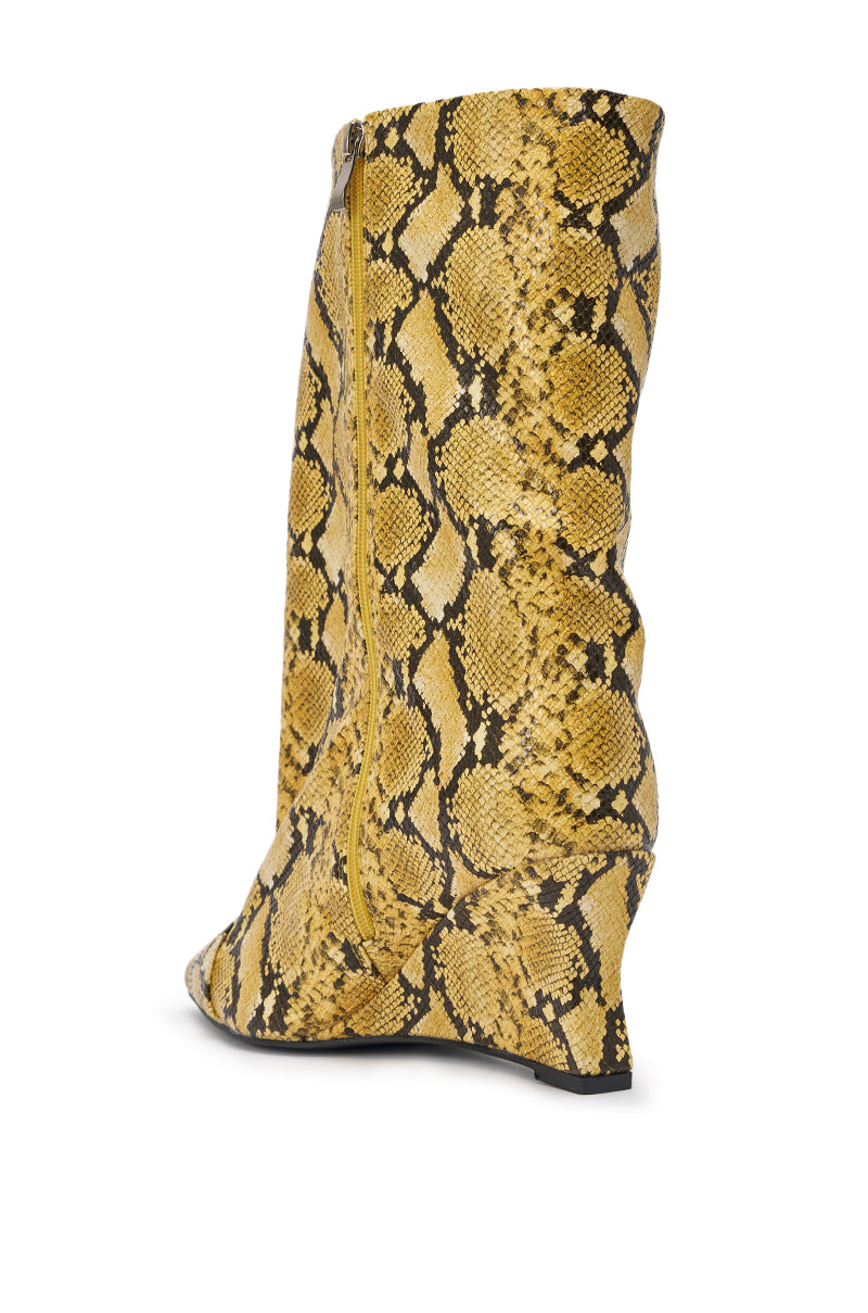 AZALEA WANG VINCI YELLOW SNAKE PU PRINT WEDGE BOOTIE