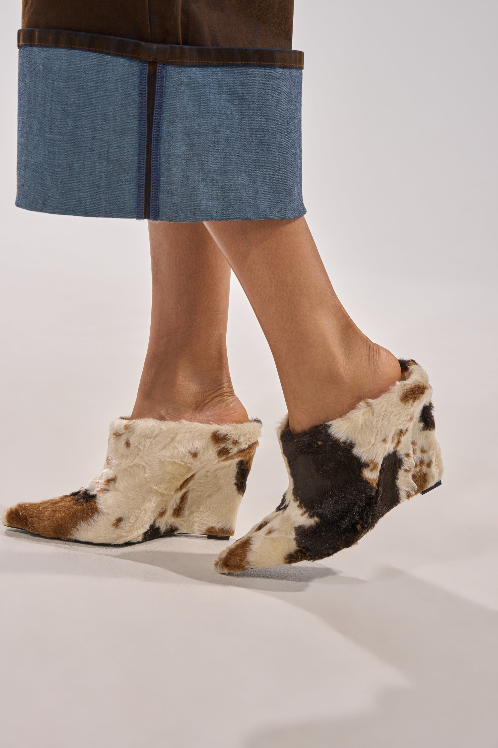 AZALEA WANG WAFIYA MULTI WEDGE COW PATTERN FURRY PUMP