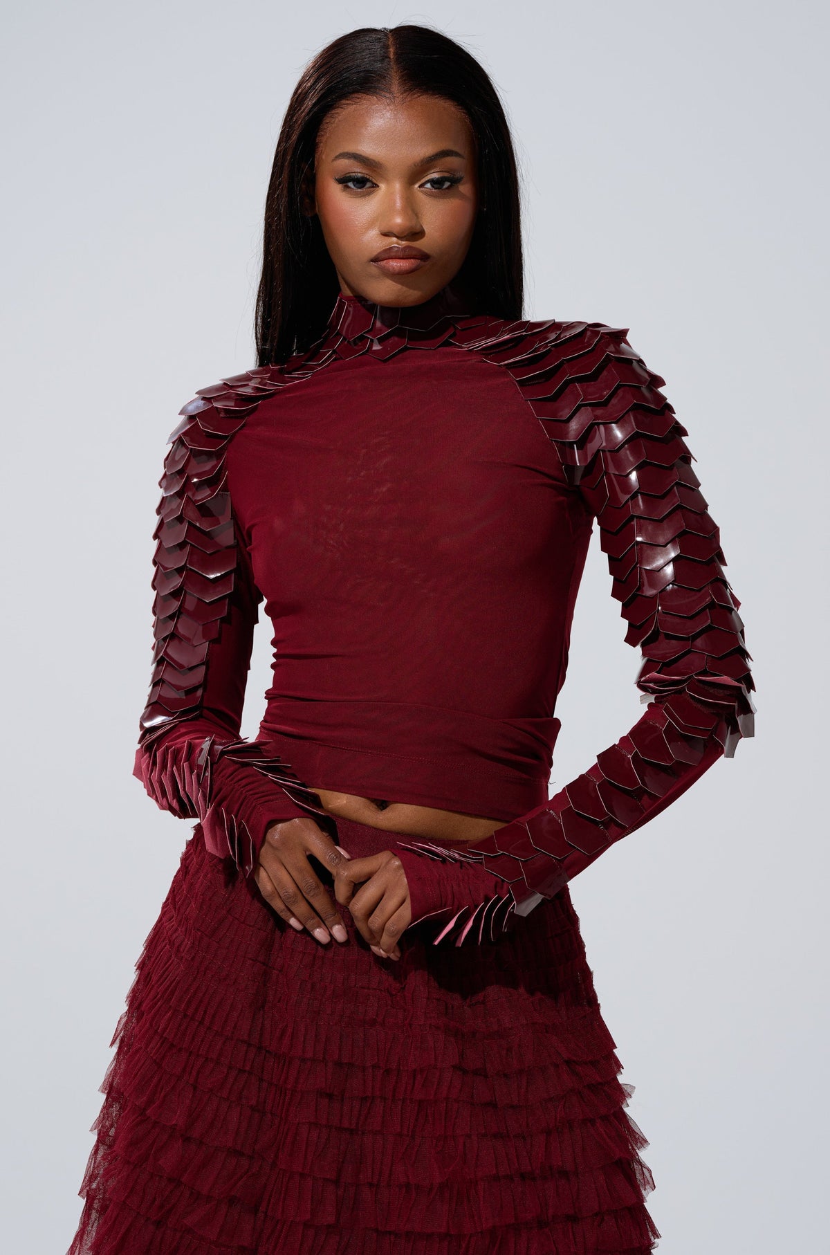 VELMA VINYL SCALE TOP IN BURGUNDY
