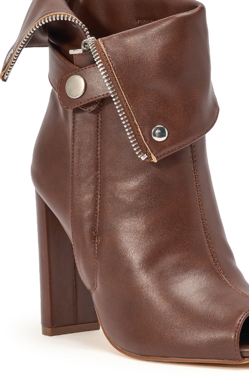 YANIX BROWN PU SILVER HARDWARE CHUNKY HEEL BOOTIE