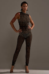 COULD NEVER BE ME BEADED MESH JUMPSUIT
