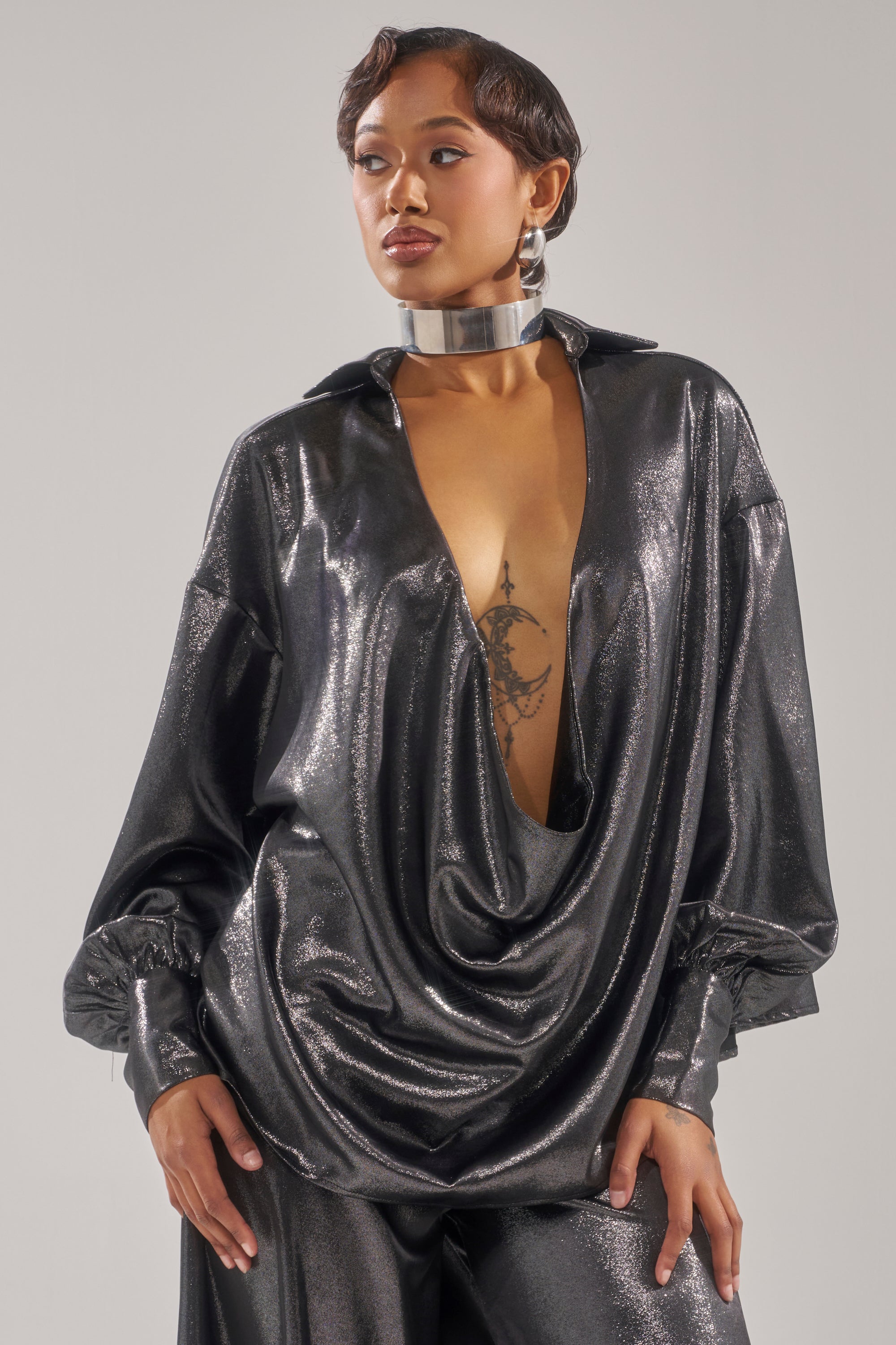 MELINIA METALLIC DRAPE BLOUSE