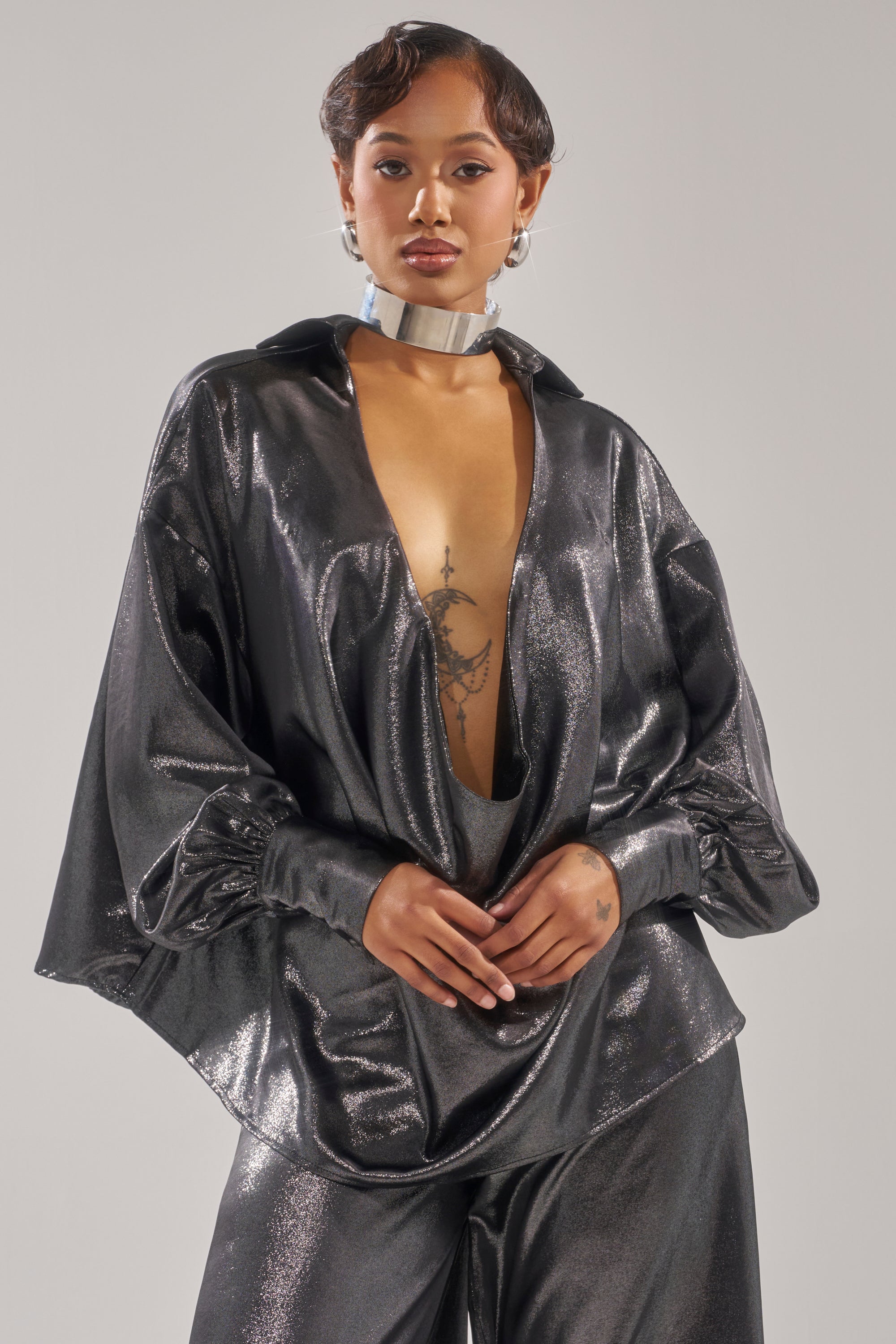 MELINIA METALLIC DRAPE BLOUSE
