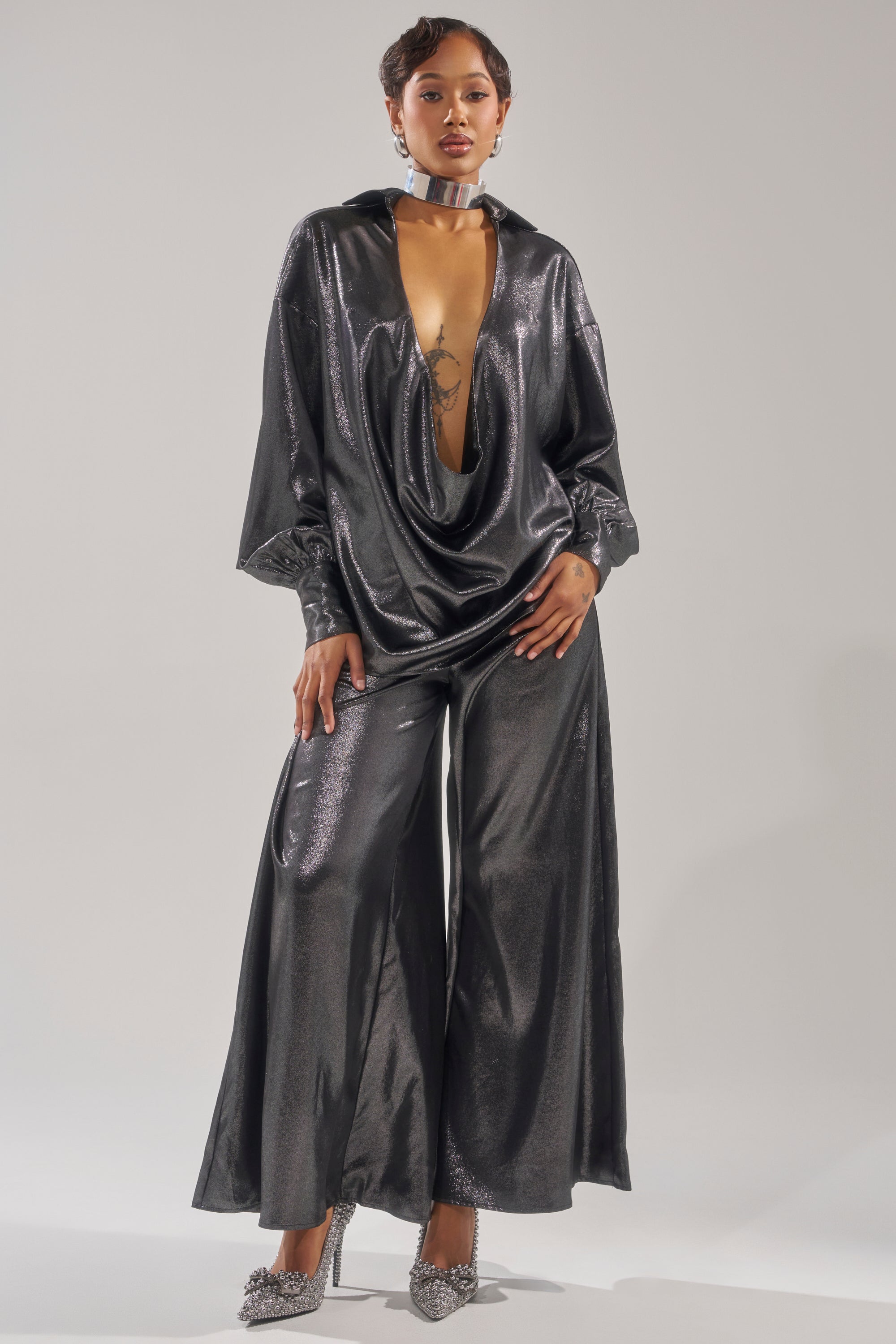 MELINIA METALLIC DRAPE BLOUSE