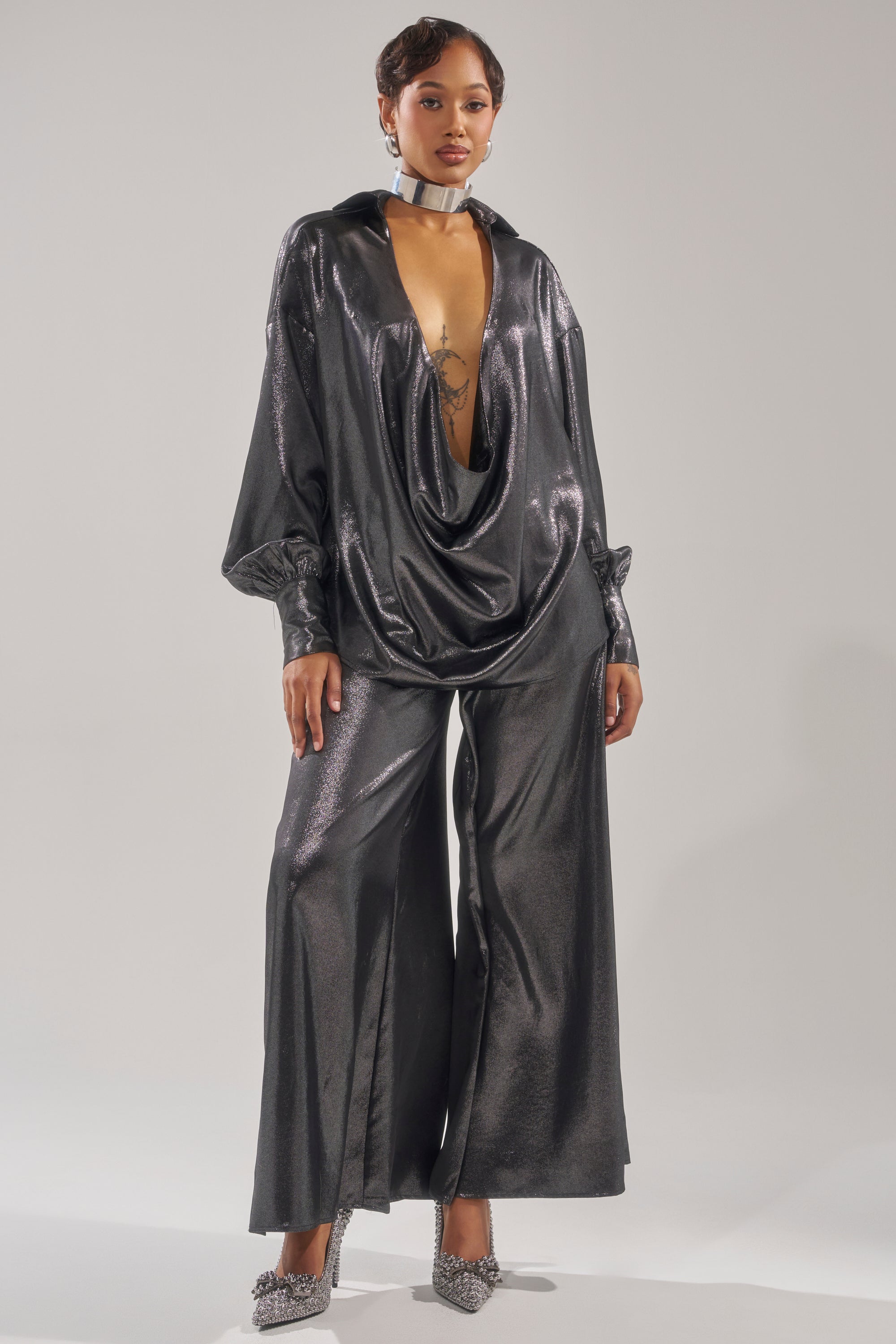 MELINIA METALLIC DRAPE BLOUSE