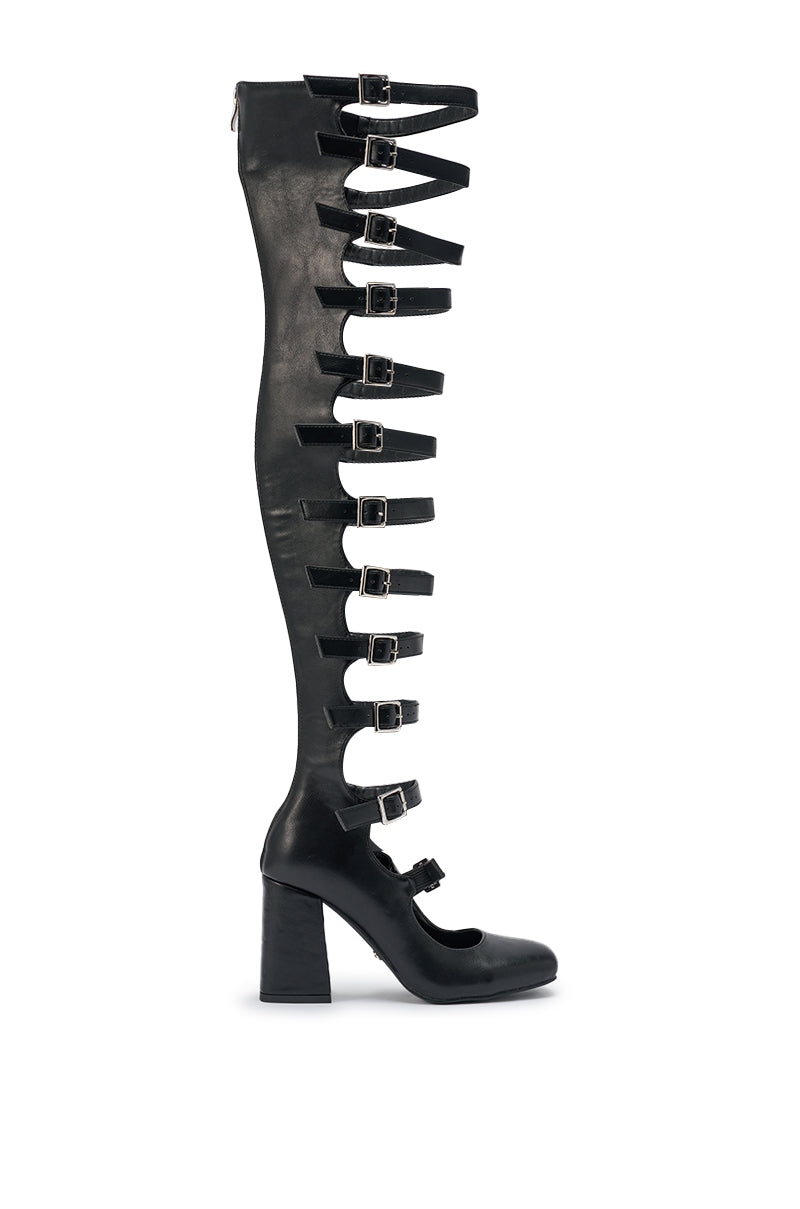 AKIRA GOLD YVETTE BLACK OVER THE KNEE MARY JANE BOOT