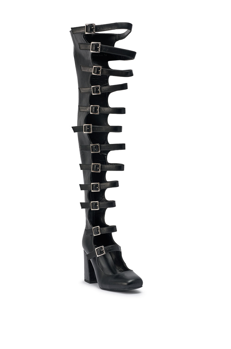 AKIRA GOLD YVETTE BLACK OVER THE KNEE MARY JANE BOOT
