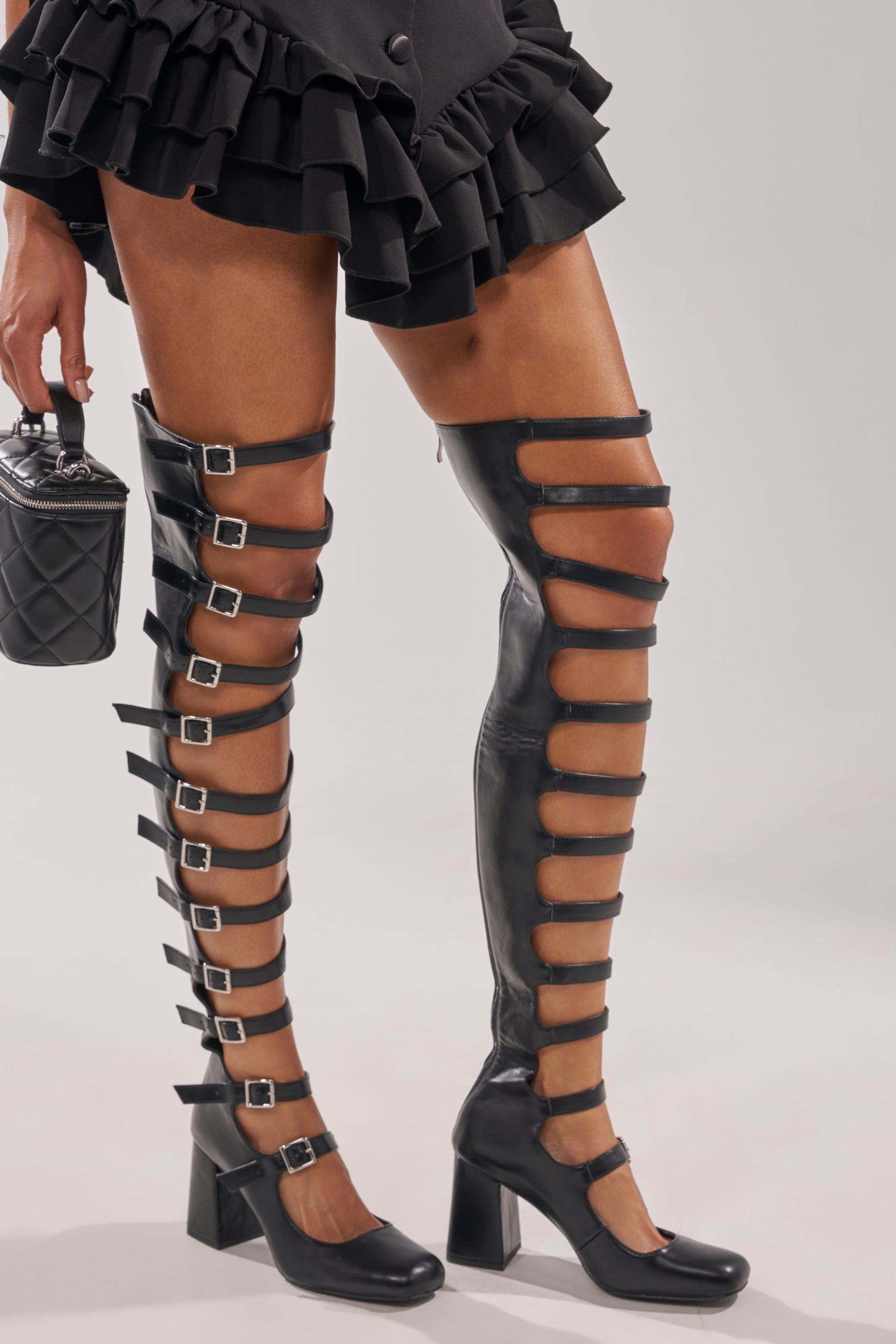 AKIRA GOLD YVETTE BLACK OVER THE KNEE MARY JANE BOOT