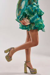 AZALEA WANG ZIPPHORA GREEN MULTI BROCADE PLATFORM PUMP